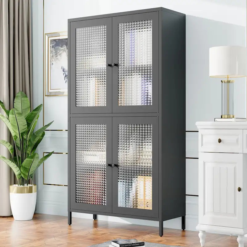 Vitrine de rangement classique en métal avec 4 portes vitrées, 4 étagères, bibliothèque, armoire d'appoint