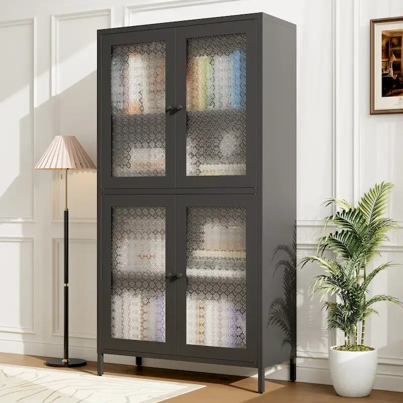Vitrine de rangement classique en métal avec 4 portes vitrées, 4 étagères, bibliothèque, armoire d'appoint