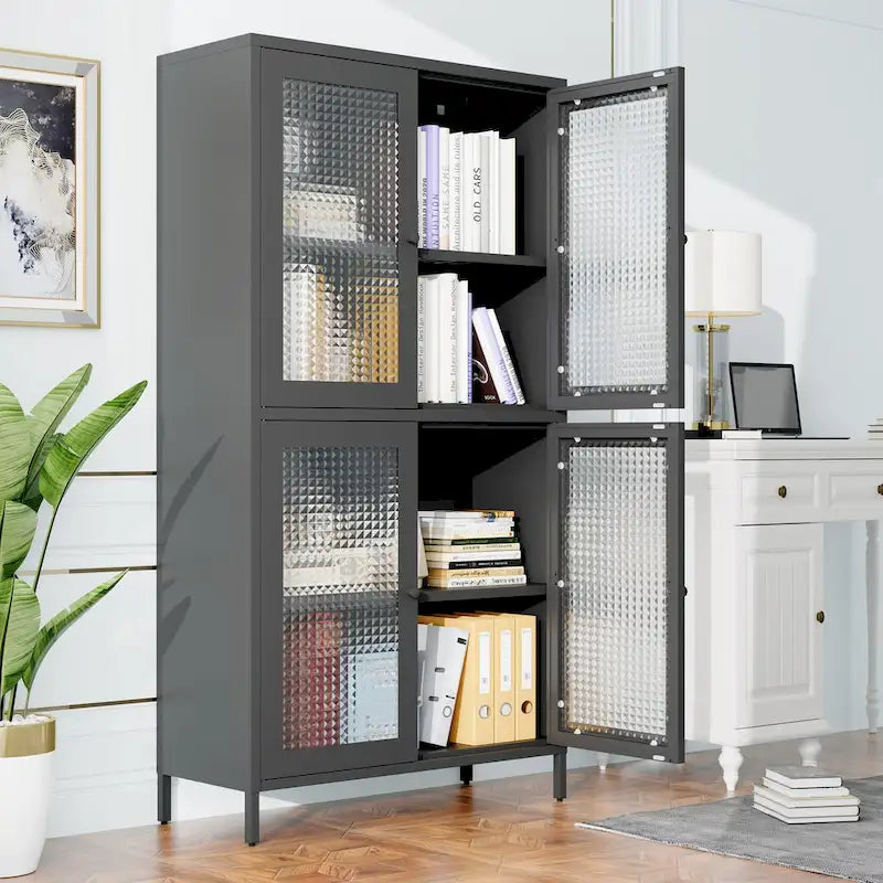 Vitrine de rangement classique en métal avec 4 portes vitrées, 4 étagères, bibliothèque, armoire d'appoint