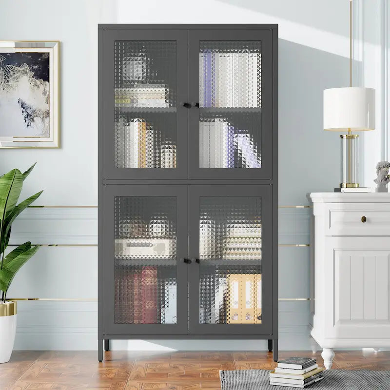 Vitrine de rangement classique en métal avec 4 portes vitrées, 4 étagères, bibliothèque, armoire d'appoint