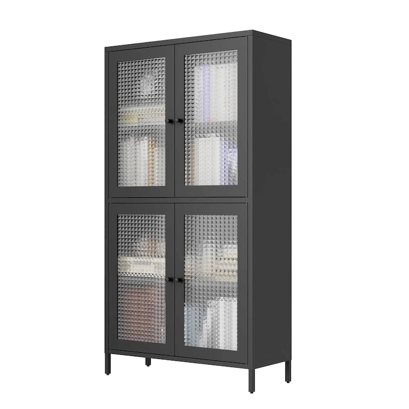 Vitrine de rangement classique en métal avec 4 portes vitrées, 4 étagères, bibliothèque, armoire d'appoint