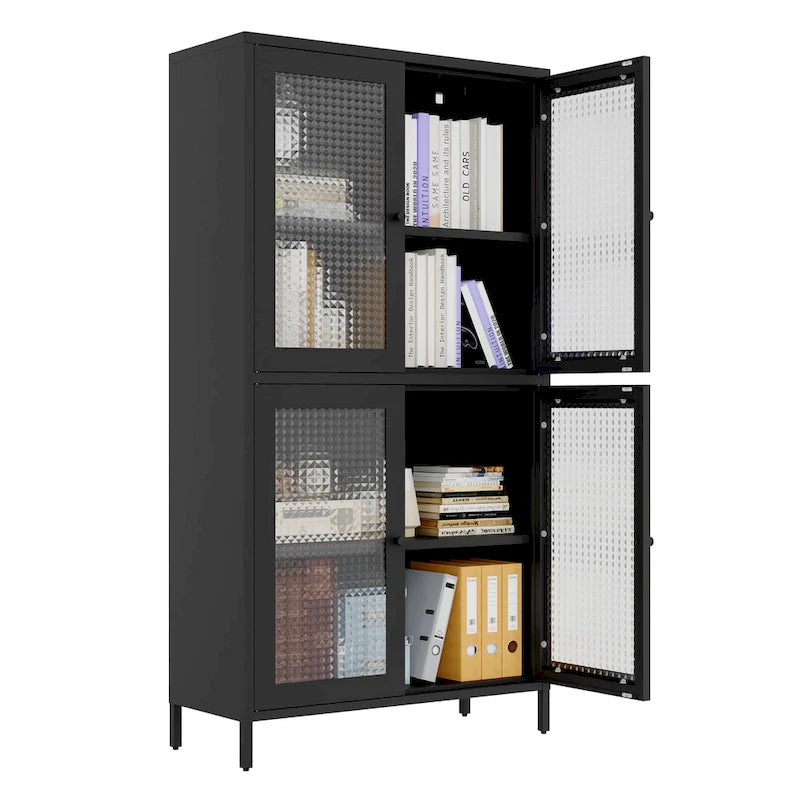 Vitrine de rangement classique en métal avec 4 portes vitrées, 4 étagères, bibliothèque, armoire d'appoint