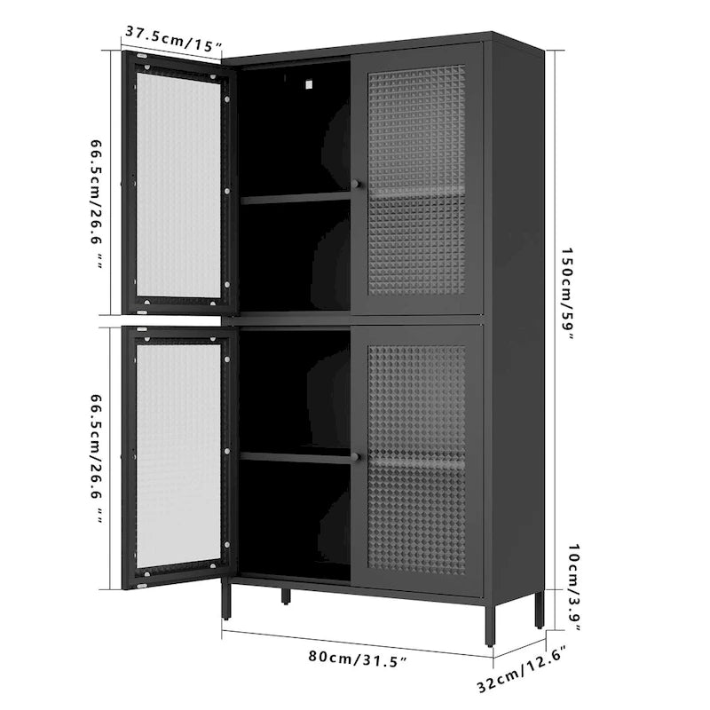 Vitrine de rangement classique en métal avec 4 portes vitrées, 4 étagères, bibliothèque, armoire d'appoint