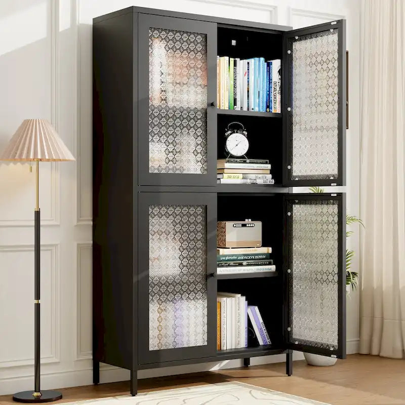 Vitrine de rangement classique en métal avec 4 portes vitrées, 4 étagères, bibliothèque, armoire d'appoint