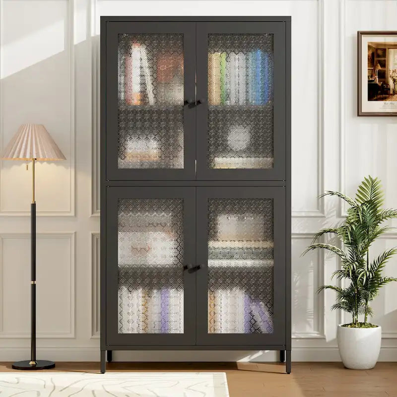 Vitrine de rangement classique en métal avec 4 portes vitrées, 4 étagères, bibliothèque, armoire d'appoint