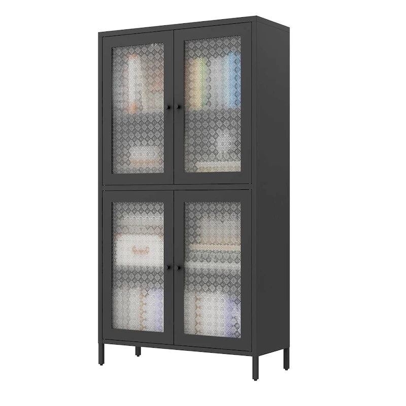Vitrine de rangement classique en métal avec 4 portes vitrées, 4 étagères, bibliothèque, armoire d'appoint