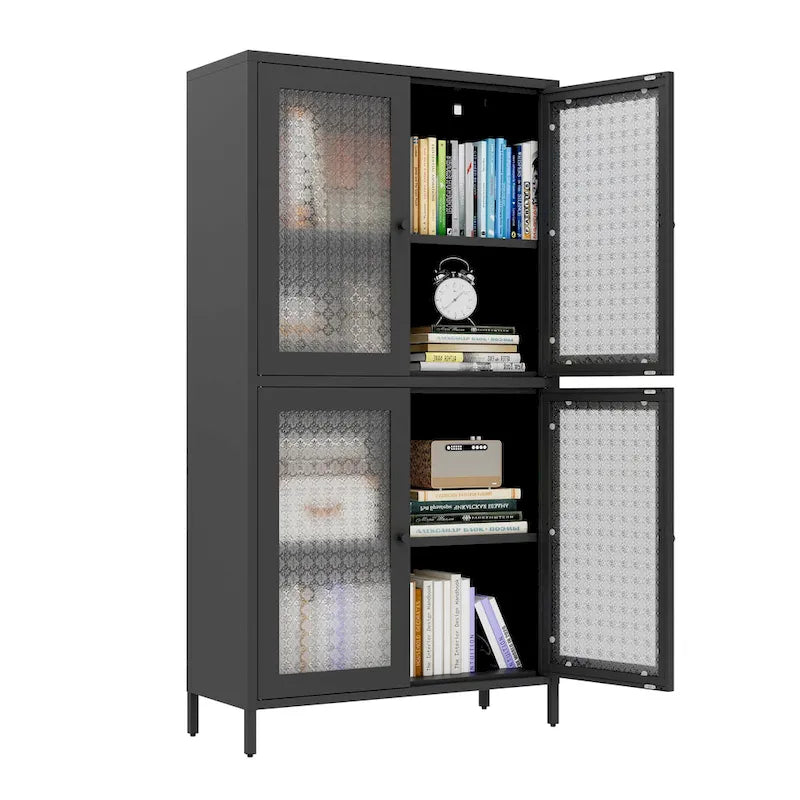 Vitrine de rangement classique en métal avec 4 portes vitrées, 4 étagères, bibliothèque, armoire d'appoint