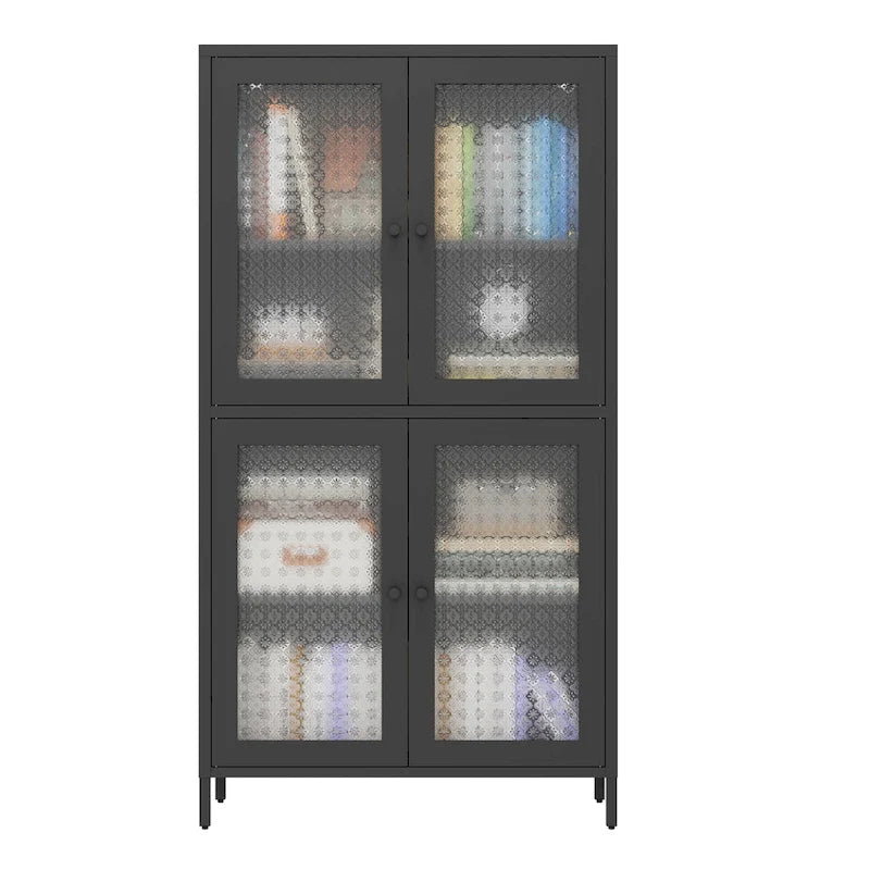 Vitrine de rangement classique en métal avec 4 portes vitrées, 4 étagères, bibliothèque, armoire d'appoint