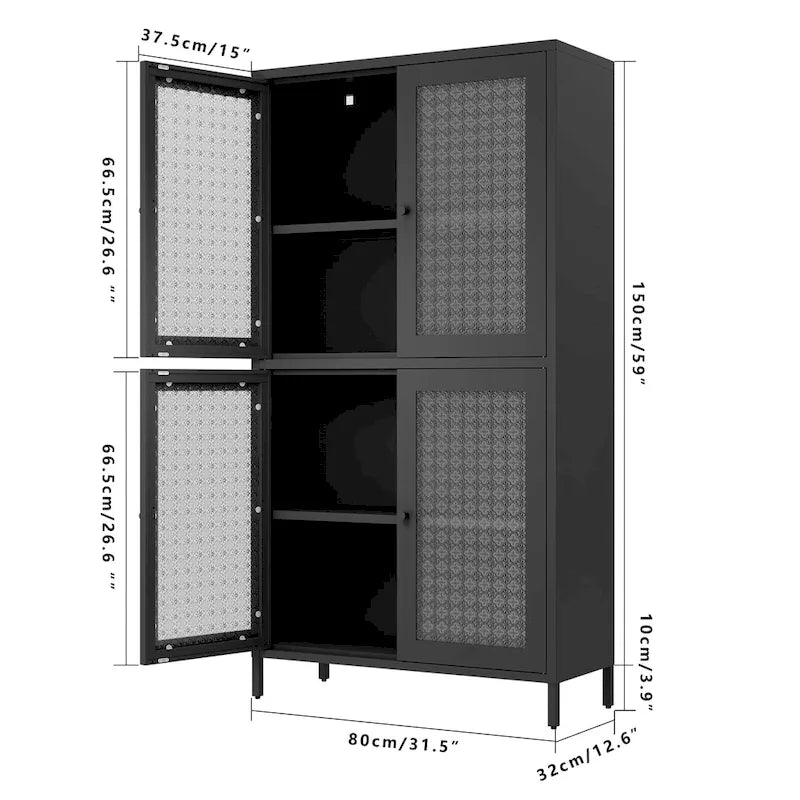 Vitrine de rangement classique en métal avec 4 portes vitrées, 4 étagères, bibliothèque, armoire d'appoint