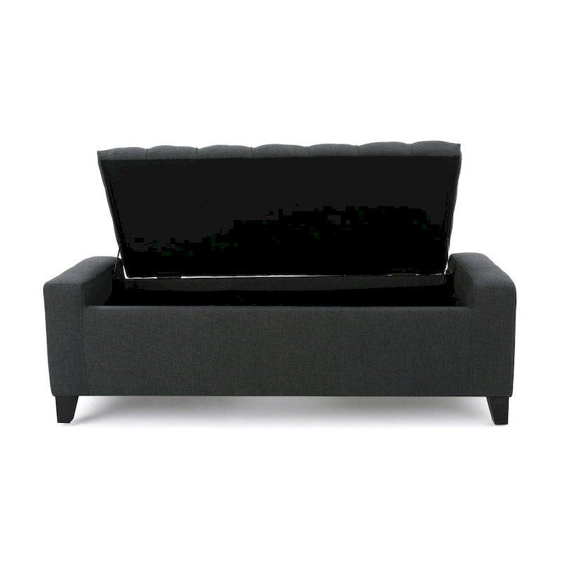 Banc de rangement ottoman, tissu gris foncé, dessus capitonné, 130 cm