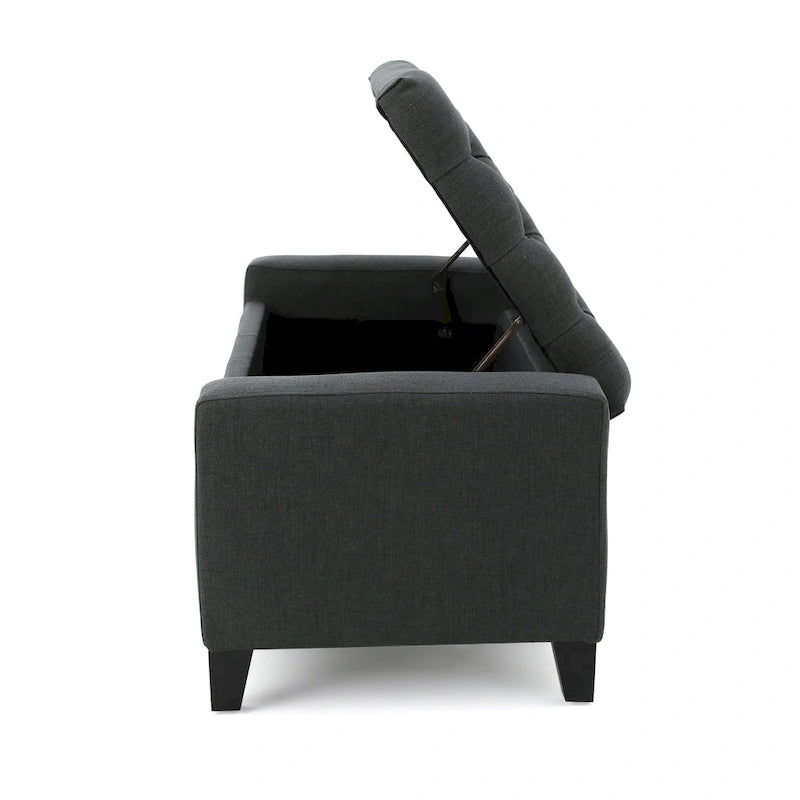 Banc de rangement ottoman, tissu gris foncé, dessus capitonné, 130 cm