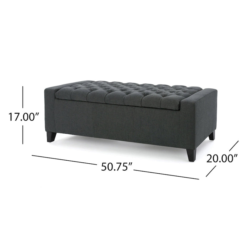 Banc de rangement ottoman, tissu gris foncé, dessus capitonné, 130 cm