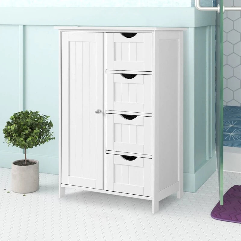 Meuble de rangement de salle de bain blanc avec étagère réglable et tiroirs