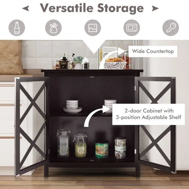 Meuble Buffet avec Portes en Verre Trempé et Étagères Réglables pour Cuisine - 35,5 x 15,5 x 38 (L x l x H)