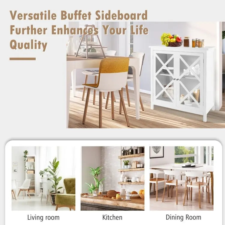 Meuble Buffet avec Portes en Verre Trempé et Étagères Réglables pour Cuisine - 35,5 x 15,5 x 38 (L x l x H)