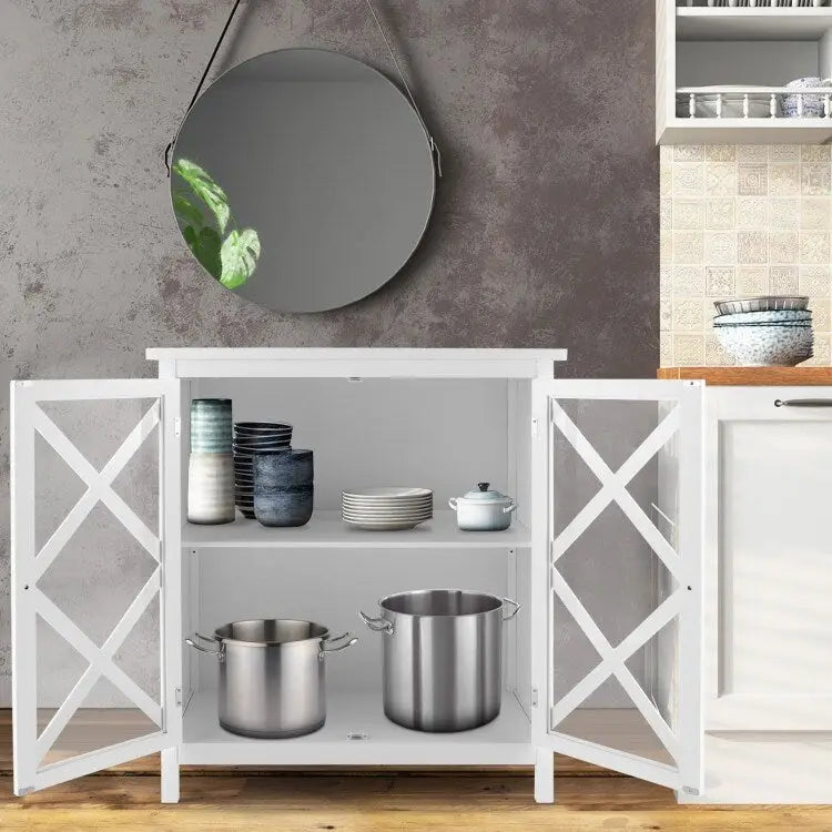 Meuble Buffet avec Portes en Verre Trempé et Étagères Réglables pour Cuisine - 35,5 x 15,5 x 38 (L x l x H)