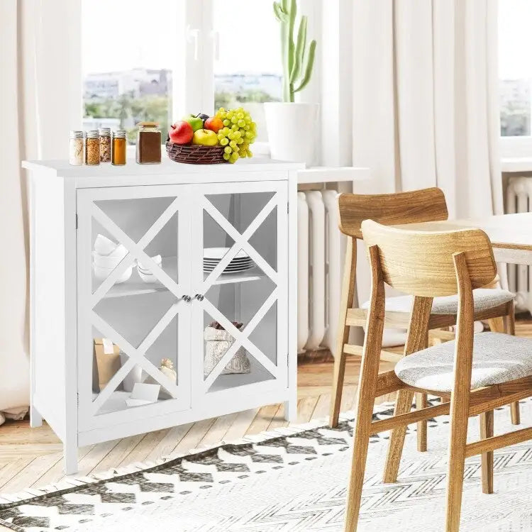 Meuble Buffet avec Portes en Verre Trempé et Étagères Réglables pour Cuisine - 35,5 x 15,5 x 38 (L x l x H)