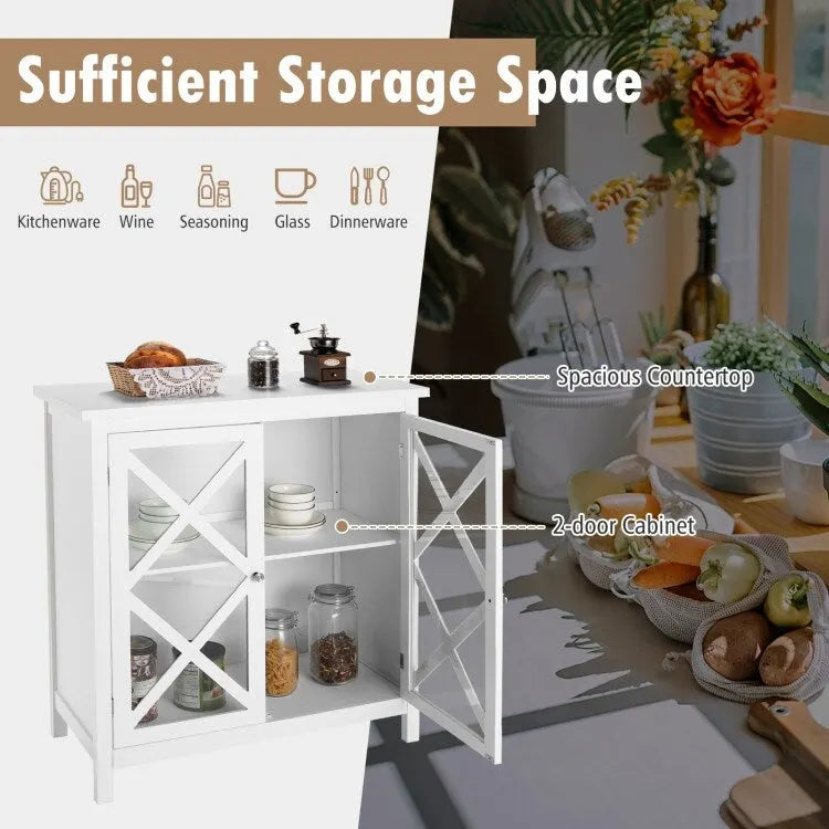 Meuble Buffet avec Portes en Verre Trempé et Étagères Réglables pour Cuisine - 35,5 x 15,5 x 38 (L x l x H)