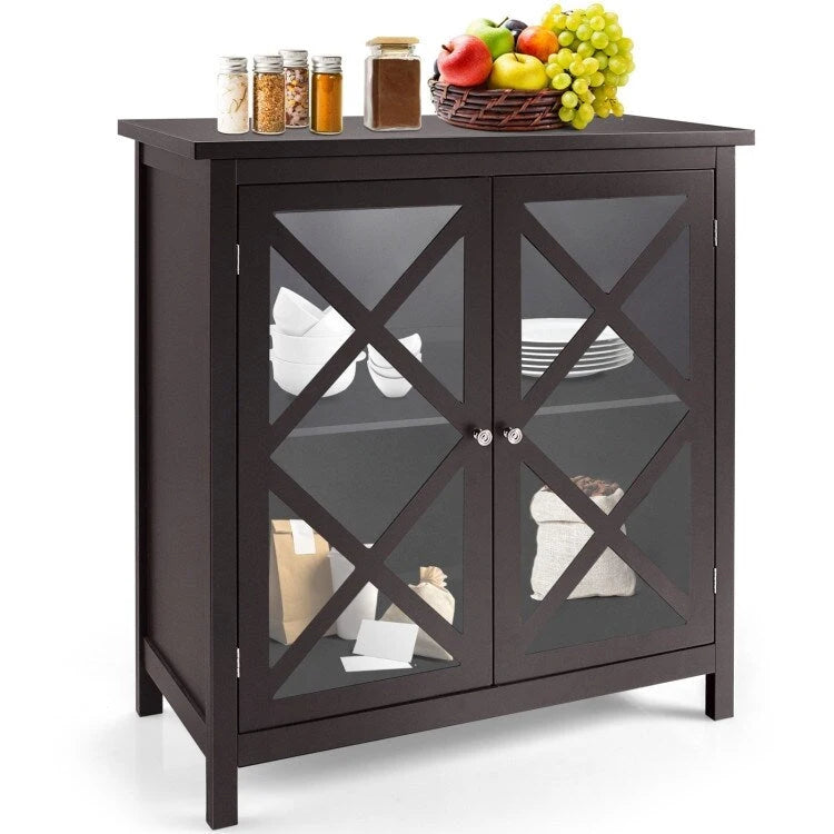 Meuble Buffet avec Portes en Verre Trempé et Étagères Réglables pour Cuisine - 35,5 x 15,5 x 38 (L x l x H)