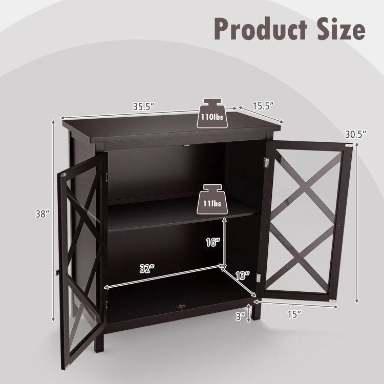Meuble Buffet avec Portes en Verre Trempé et Étagères Réglables pour Cuisine - 35,5 x 15,5 x 38 (L x l x H)