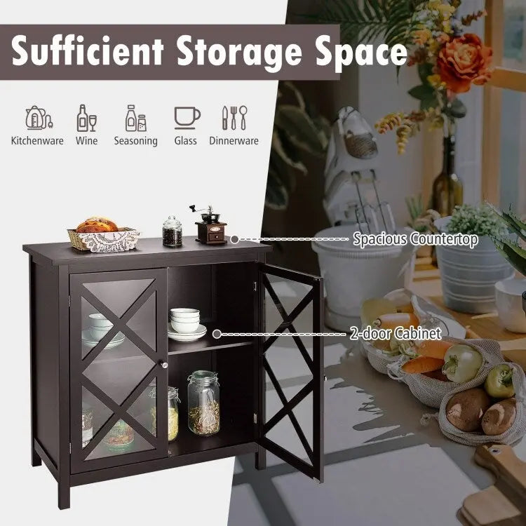 Meuble Buffet avec Portes en Verre Trempé et Étagères Réglables pour Cuisine - 35,5 x 15,5 x 38 (L x l x H)