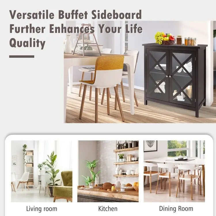 Meuble Buffet avec Portes en Verre Trempé et Étagères Réglables pour Cuisine - 35,5 x 15,5 x 38 (L x l x H)