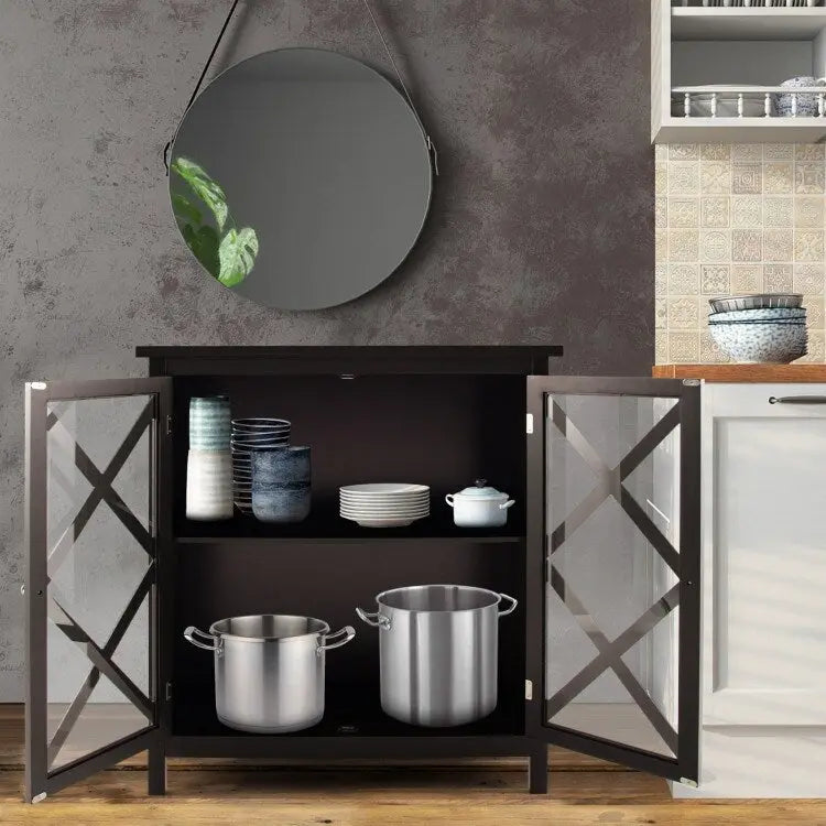 Meuble Buffet avec Portes en Verre Trempé et Étagères Réglables pour Cuisine - 35,5 x 15,5 x 38 (L x l x H)