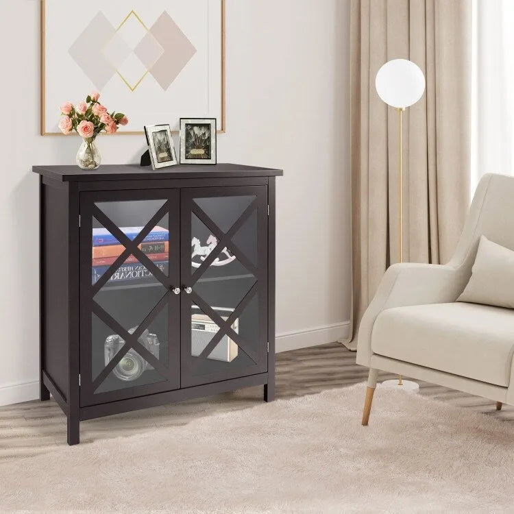Meuble Buffet avec Portes en Verre Trempé et Étagères Réglables pour Cuisine - 35,5 x 15,5 x 38 (L x l x H)