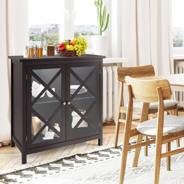 Meuble Buffet avec Portes en Verre Trempé et Étagères Réglables pour Cuisine - 35,5 x 15,5 x 38 (L x l x H)