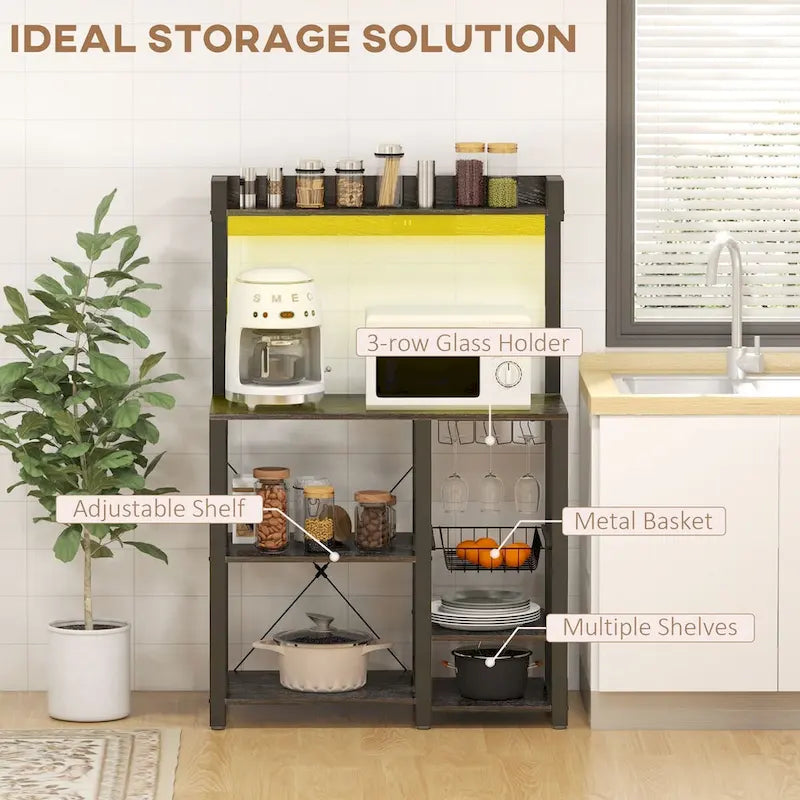 Étagère de boulanger industrielle avec prise de courant et lumières LED, rangement