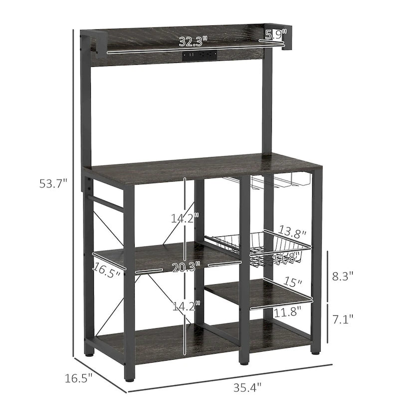 Étagère de boulanger industrielle avec prise de courant et lumières LED, rangement