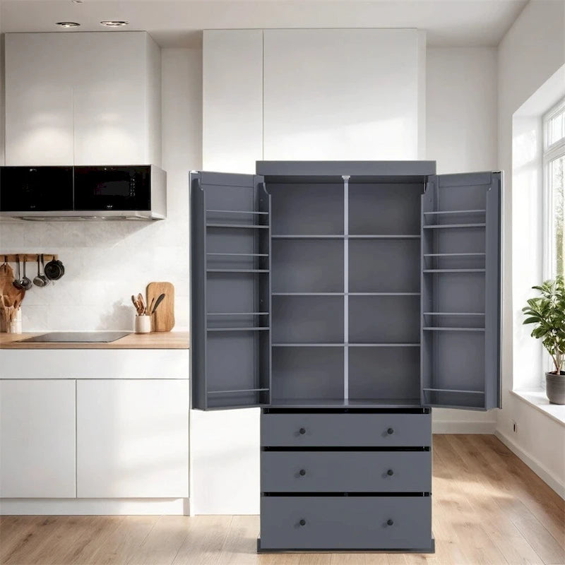 Armoire haute autoportante avec 8 étagères de porte, 3 tiroirs