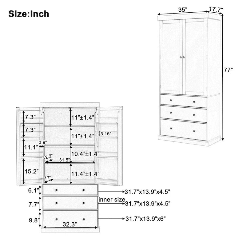 Armoire haute autoportante avec 8 étagères de porte, 3 tiroirs