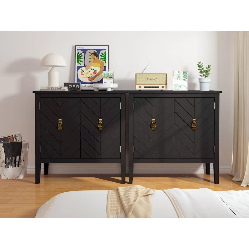 Meuble TV bas à 2 portes, buffet en bois noir de style vintage pour salon, salle à manger, bureau