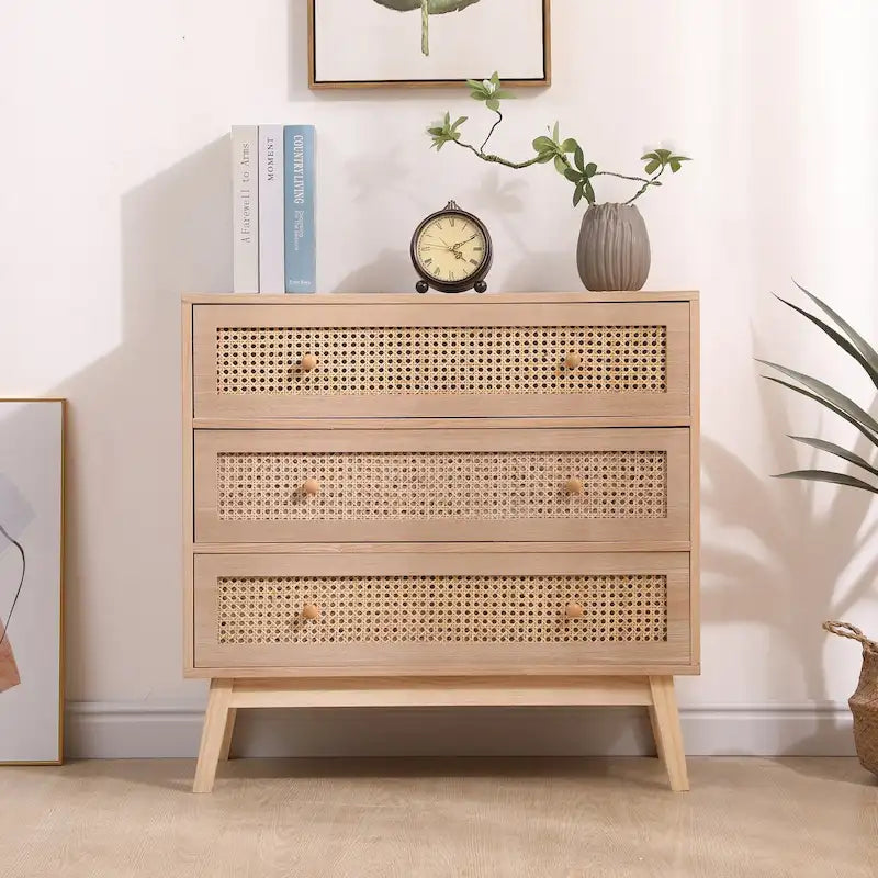 31,5 Meuble de Rangement à 3 Tiroirs en Rotin, pour Chambre à Coucher, Salon, Naturel