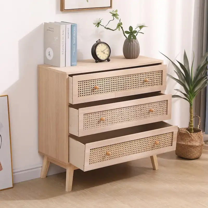 31,5 Meuble de Rangement à 3 Tiroirs en Rotin, pour Chambre à Coucher, Salon, Naturel