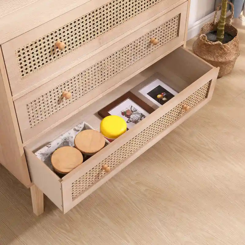 31,5 Meuble de Rangement à 3 Tiroirs en Rotin, pour Chambre à Coucher, Salon, Naturel
