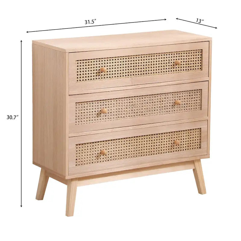 31,5 Meuble de Rangement à 3 Tiroirs en Rotin, pour Chambre à Coucher, Salon, Naturel
