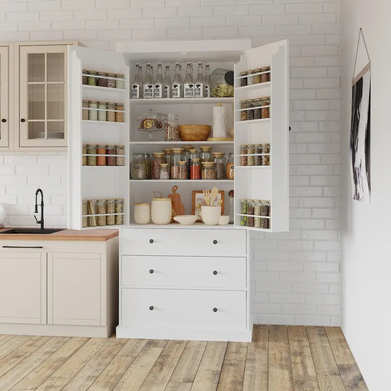 Garde-manger de cuisine de 77 pouces, armoire de rangement haute autonome avec 3 étagères réglables, 8 étagères de porte, 3 tiroirs