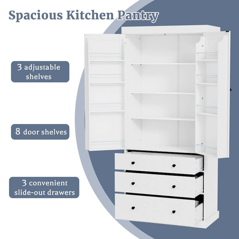 Garde-manger de cuisine de 77 pouces, armoire de rangement haute autonome avec 3 étagères réglables, 8 étagères de porte, 3 tiroirs