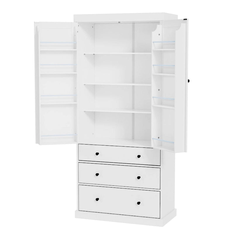 Garde-manger de cuisine de 77 pouces, armoire de rangement haute autonome avec 3 étagères réglables, 8 étagères de porte, 3 tiroirs