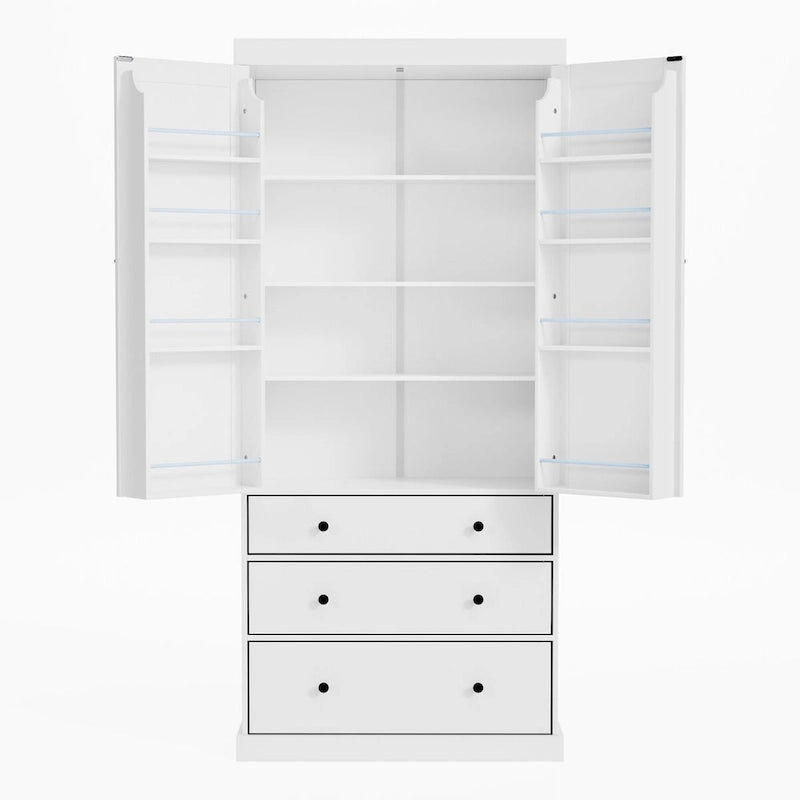 Garde-manger de cuisine de 77 pouces, armoire de rangement haute autonome avec 3 étagères réglables, 8 étagères de porte, 3 tiroirs