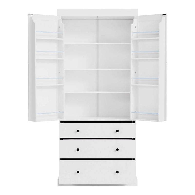 Garde-manger de cuisine de 77 pouces, armoire de rangement haute autonome avec 3 étagères réglables, 8 étagères de porte, 3 tiroirs
