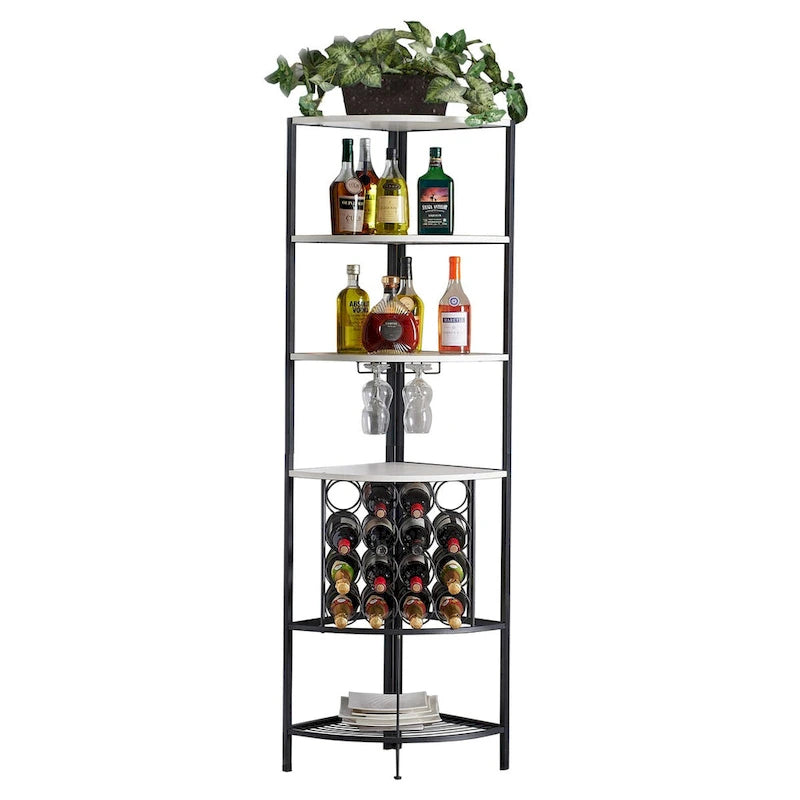 Étagère à vin d'angle avec 4 tablettes en bois, 2 supports à verres à pied et casier à vin en métal