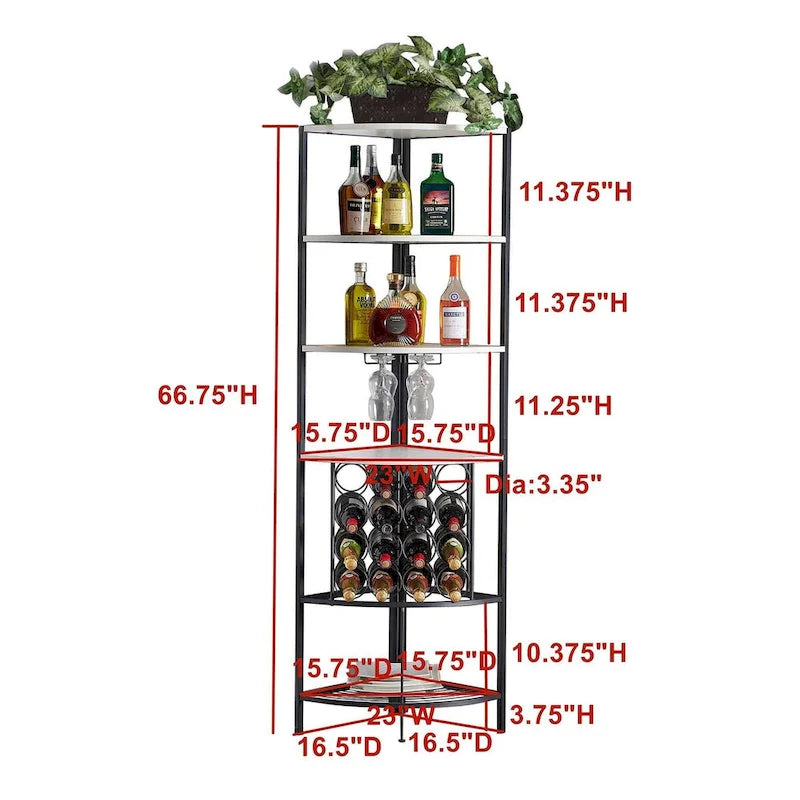 Étagère à vin d'angle avec 4 tablettes en bois, 2 supports à verres à pied et casier à vin en métal