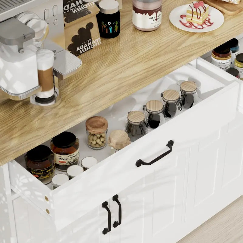 55,91 Grand buffet de ferme, meuble de rangement, avec 2 tiroirs et 4 portes pour salle à manger, salon, cuisine - Blanc