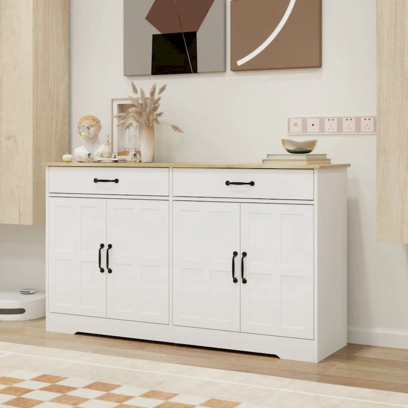 55,91 Grand buffet de ferme, meuble de rangement, avec 2 tiroirs et 4 portes pour salle à manger, salon, cuisine - Blanc