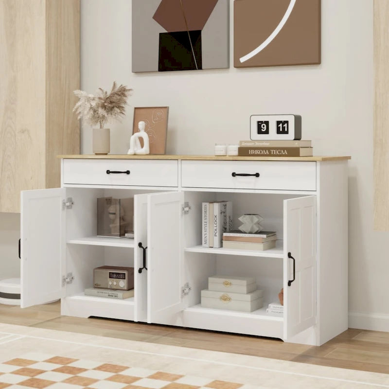 55,91 Grand buffet de ferme, meuble de rangement, avec 2 tiroirs et 4 portes pour salle à manger, salon, cuisine - Blanc