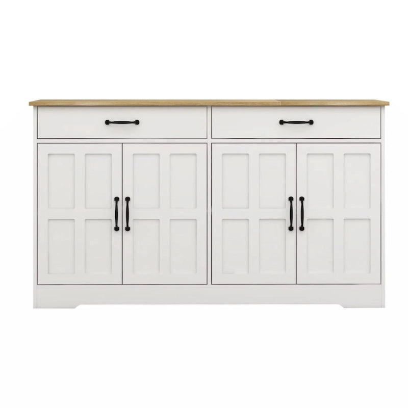55,91 Grand buffet de ferme, meuble de rangement, avec 2 tiroirs et 4 portes pour salle à manger, salon, cuisine - Blanc