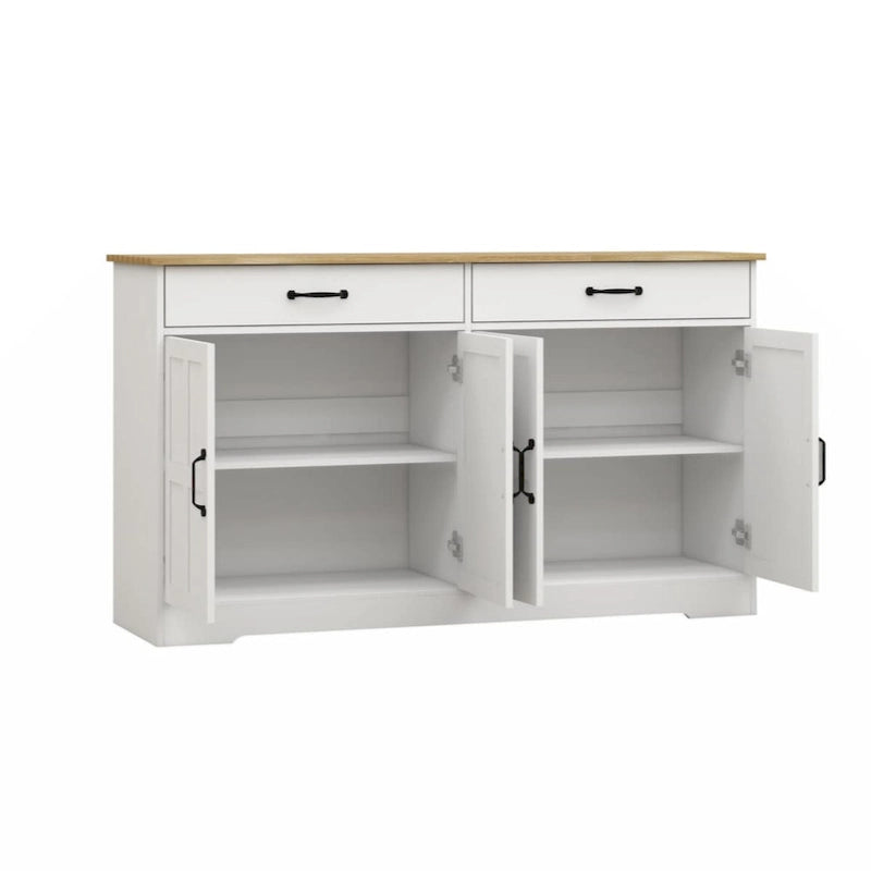 55,91 Grand buffet de ferme, meuble de rangement, avec 2 tiroirs et 4 portes pour salle à manger, salon, cuisine - Blanc